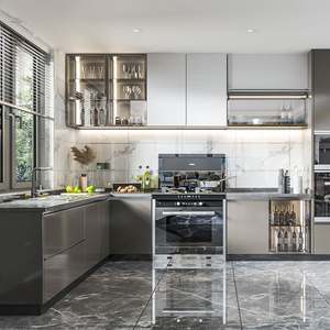 SANTOPOVA Modern L-Shaped Modular Kitchen Cabinets with Built-in Appliances | Custom <b>Wood</b> Grain and Matte Lacquer Finishes - Product Image 3