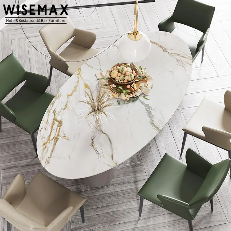 WISEMAX 가구 모던 럭셔리 홈 가구 식당 금속 기본 테이블이있는 8 인용 타원형 소결 된 돌 식탁