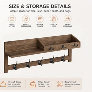 Estante de almacenamiento montado en la pared con ganchos para la entrada, organizador de llaves, abrigos y sombreros, rectangular de madera maciza, duradero - Product Image 5