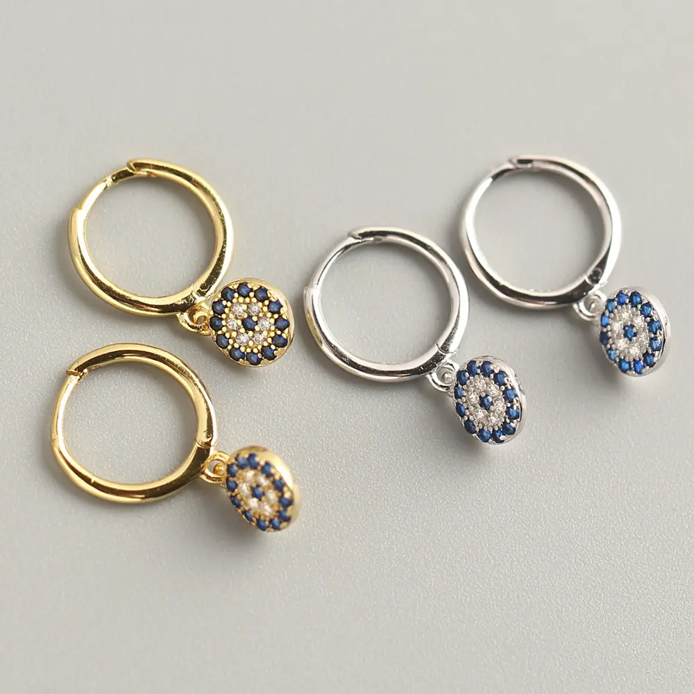 2024 fashion 925 Sterling Silver Blue Evil Eyes Drop Earrings Gold Plated Diamond Hoop Earrings for Women