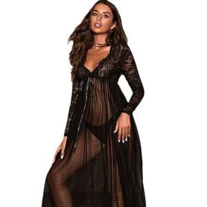 Bodysuit Wanita Berbahan Jaring Renda Jubah Panjang Transparan Gaun Malam Mewah Seksi Poliester - Product Image 4
