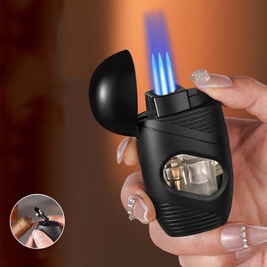 新型可重复填充<span class=keywords><strong>3</strong></span>蓝色喷射火焰雪茄手电筒打火机，带雪茄切割器可见油箱 - Product Image 3
