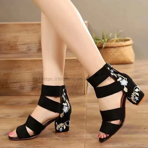 Factory Wholesale Summer Embroidered Open Toe Women's Thick High Heel Sandals Heeled Sandals for Women - Product Image 1