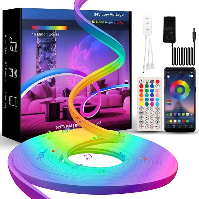 Feican Smart RGB LED Strip Lights IP67 Waterproof Neon Flex Rope 5m Length USB Remote Smart Wifi Control Plastic Body Voice