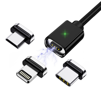 Câble magnétique tressé en nylon noir 3 en 1 avec lumière LED, multi-interface, charge rapide, synchronisation de données haute vitesse, cordon mobile
