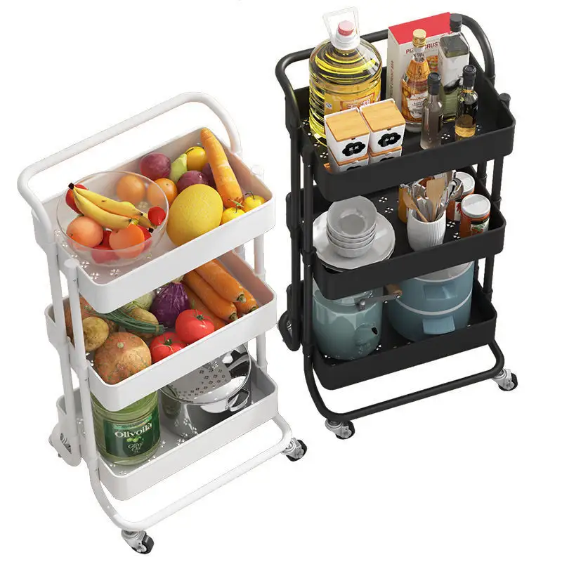 Hot Sale Kitchen Storage Rack 3 Tier Plastic Basket Organizer Trolley Shelf Carbon Steel Storage Cart