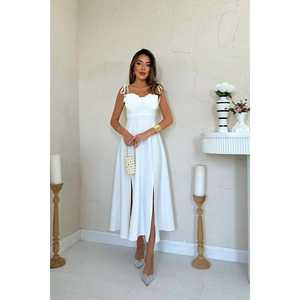 Robe de soirée longue en satin blanc en gros, taille XL, silhouette trapèze avec bonnets de soutien-gorge, style de fête romantique et luxueux avec fente - Product Image 5