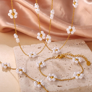 Floral <b>Bracelet</b> And Necklace <b>Set</b> Imitation Pearl Gold Plated Women's Jewelry Party Fashion - Product Image 2