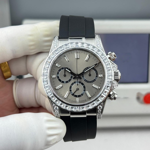 Montre mécanique 40 mm à remontage automatique, verre saphir, étanche, métal doré, lunette sertie de diamants, chronographe, luxe, unisexe, platine - Product Image 1