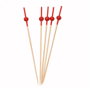 12cm Long Red Color Wooden Round Ball Decoration Bamboo Cocktail Dessert Skewers