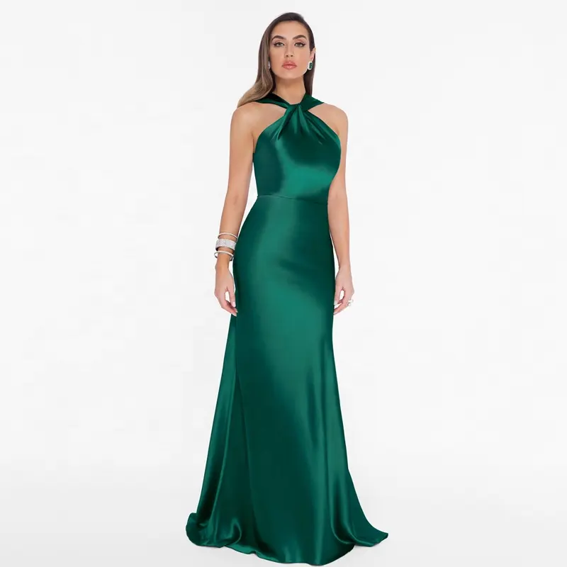 OEM Custom Halter Backless Zip Satin Evening Maxi Gown Floor Length Summer Sleeveless Red Green Long Prom Evening Dress