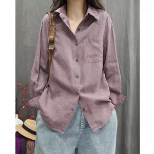 Women's Cotton Linen Long Sleeve Shirt Red Loose Fit Vintage Casual Blouse Everyday Wear ZY-693 - Product Image 4