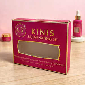 Caja de cartón rosa intenso personalizada con estampado en lámina dorada para cosméticos, caja para set de cuidado facial con ventana. - Product Image 4
