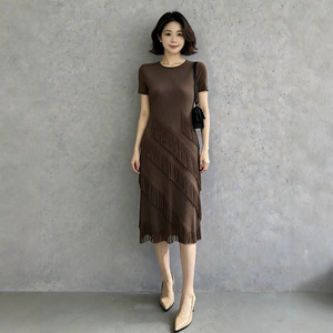 Robe longue plissée style Miyake pour <span class=keywords><strong>femme</strong></span>, taille unique, prête à être expédiée, à haute élasticité, avec franges à pampilles superposées diagonales - Product Image 4