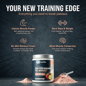 Poudre pré-entraînement haute performance LuvVita, saveur fraise kiwi, 780 g, favorise l'énergie, la concentration et l'endurance, pompe musculaire, étiquette privée OEM - Product Image 3