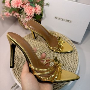 Sandales à talons aiguilles fines dorées brillantes pour femmes, mules d'été tendance, chaussures de soirée à talons hauts - Product Image 1
