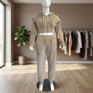 Ensemble de survêtement marron à capuche pour femme, manches longues, fermeture éclair, décontracté, avec poches latérales, pantalon large - Product Image 4