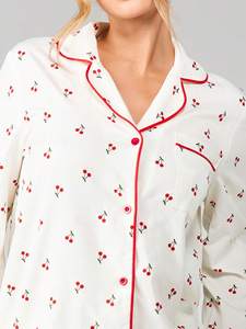 <span class=keywords><strong>Pigiama</strong></span> in Cotone <span class=keywords><strong>Modal</strong></span> a Maniche Lunghe con Stampa Ciliegie, Set PJ Personalizzato per Donne, <span class=keywords><strong>Pigiama</strong></span> in Bambù con Bordatura, Abbigliamento da Casa per Donne - Product Image 3