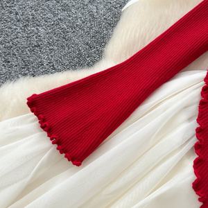 フェイク2ピースパッチワークドレス穏やかな風3次元花不規則なドレス妖精真珠ビーズの服 - Product Image 3