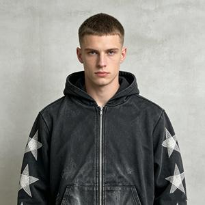 Sweat-shirt à capuche pour homme 100% coton, coupe oversize, effet délavé personnalisé, fermeture éclair, style vintage et déchiré - Product Image 3
