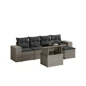 Conjunto de Sofá de Jardín de Ratán Gris, 4 Plazas, Muebles de Exterior con Estructura de Acero y Vidrio Templado, Diseño Contemporáneo - Product Image 1