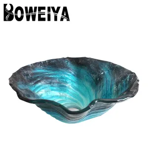 Boweiya Da 18.5 Pollici Moderno di Colore Blu A Forma di Conchiglia Lavandino del Bagno Lavabo bacino di vetro vanità temperato produttori di cabinet