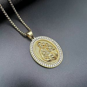 Yunnique – collier avec pendentif religieux en acier inoxydable, plaqué or, zircon, charme ovale Jésus et enfant, bijoux à la mode Hip Hop, cadeau - Product Image 3