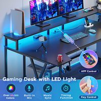 Bureau de jeu 70,8'' avec lumières LED et étagères de rangement, bureau d'ordinateur avec support d'écran, prises de courant et porte-gobelet