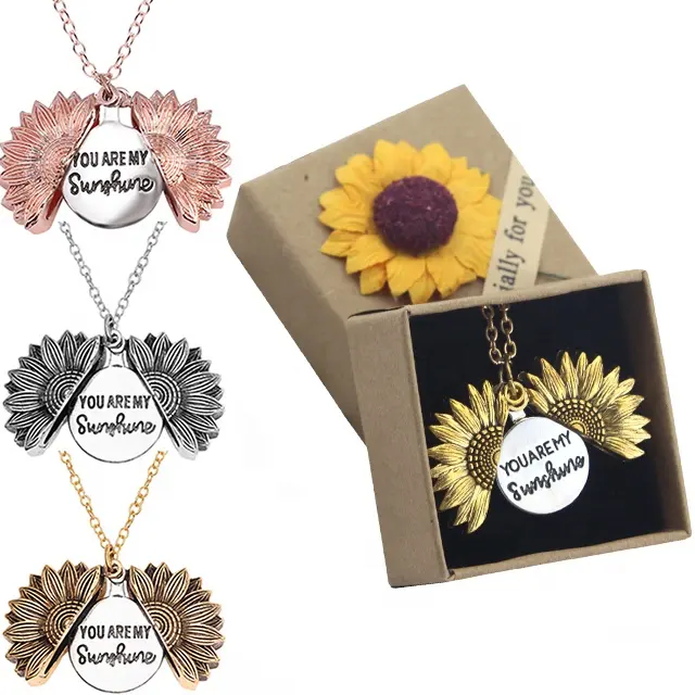 Fashion Antique Gold Silver Plated Open Locket Sunflower Pendant Women You Are My Sunshine Necklaces Jewelry With Box