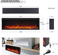 Kalsubo Cheminée électrique intelligente encastrable murale de 60 pouces de large, chauffage 750W 1500W, flamme multicolore, lit de braises, commande vocale