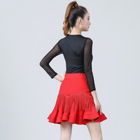 Moins cher robe de danse latine couleur rouge arête de poisson jupe à franges pratique et scène effectuer gland danse porter vêtements jupe de danse