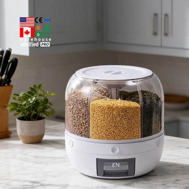Modern Kitchen 6-Grid Rotating Plastic Large Capacity Rice Cereal Grain Dispenser Food Storage Container Rice Bucket