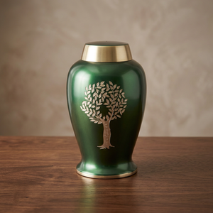 Green Brass Cremation Urn Metal Memorial <b>Keepsake</b> Casket Adult <b>Ashes</b> Urn Tree Design Customizable - Indian Home Crafts - Product Image 1