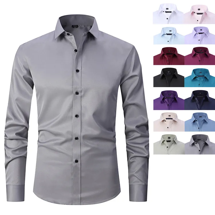 Bon prix 95 Polyester 5 Spandex chemises formelles unies pour hommes chemises d'affaires décontractées régulières