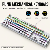 Clavier mécanique rétro punk, touches rondes électro-plaquées, interrupteurs bleus, 104 touches, rétroéclairage RVB, filaire, pour jeux PC, vente en gros T75