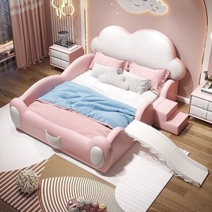 Lit d'enfant moderne au design nuage mignon avec toboggan et barrières de sécurité, cadre de lit rembourré doux pour garçons et filles - Product Image 1
