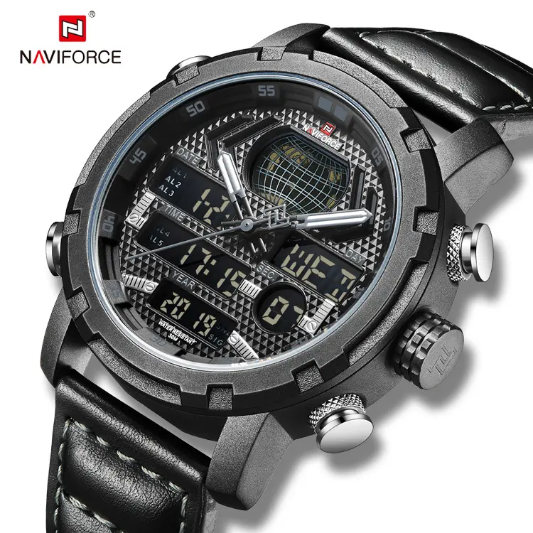 NAVIFORCE Luxury Brand Mens Watches Fashion Sport Dual Display Quartz Watch Leather Strap Waterproof Business Wristwatch 9160