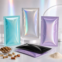 Pochettes plates métallisées holographiques personnalisées à trois soudures pour l'emballage de friandises et de compléments alimentaires pour animaux de compagnie