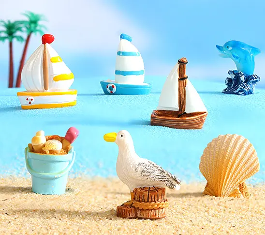 Maison de poupée de sable d'été jouets de plage planche de surf coquillages oiseaux de mer dauphins étoiles de mer voiliers seaux de plage figurines de soleil pour enfants