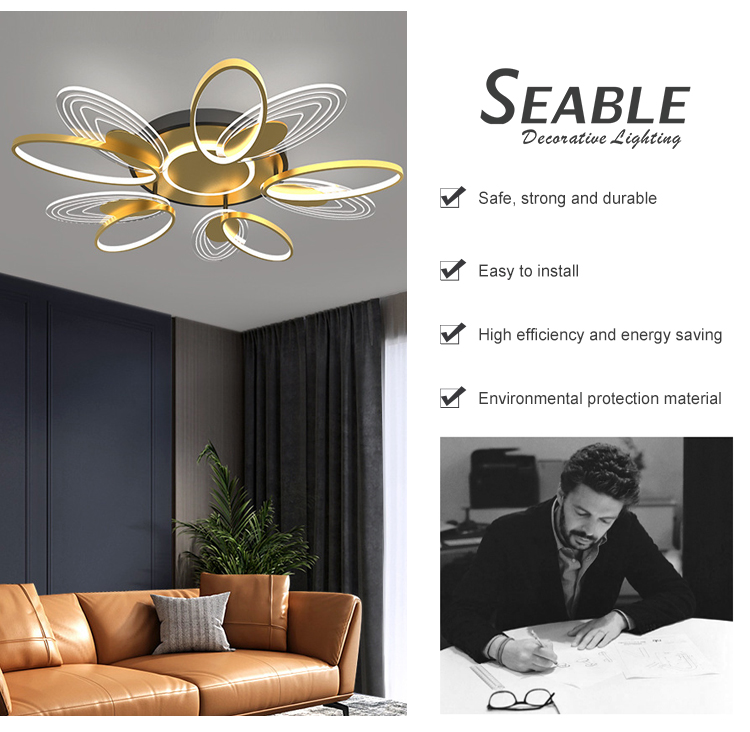 Simple Hanging Indoor Fashion Decoration Gold Black Aluminum Living Room Modern LED Ceiling Light