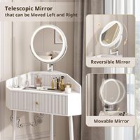 Bureau de maquillage d'angle blanc avec miroir LED rotatif et rétractable, petite table de maquillage moderne avec plateau en verre et tiroirs de rangement