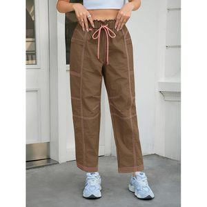 Pantalones Cargo Holgados para Mujer, con Cordón Ajustable, Cintura Elástica, Bolsillos, Color Marrón, Casuales, Transpirables, Cintura Alta - Product Image 2