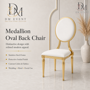 Chaise de réception ovale en acier inoxydable doré avec dossier médaillon et coussin blanc pour salles de banquet – Vente en gros de sièges - Product Image 2