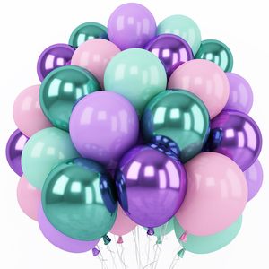 Paquete de 60 Globos de Látex Metálicos de 12 Pulgadas en Morado, Rosa, Verde y Azul para Decoración de Fiesta de Sirena para Niñas - Product Image 1