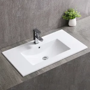 Borda fina, bacia de lavatório branco integrado simples retangular cerâmica banheiro armário vanity lavatório