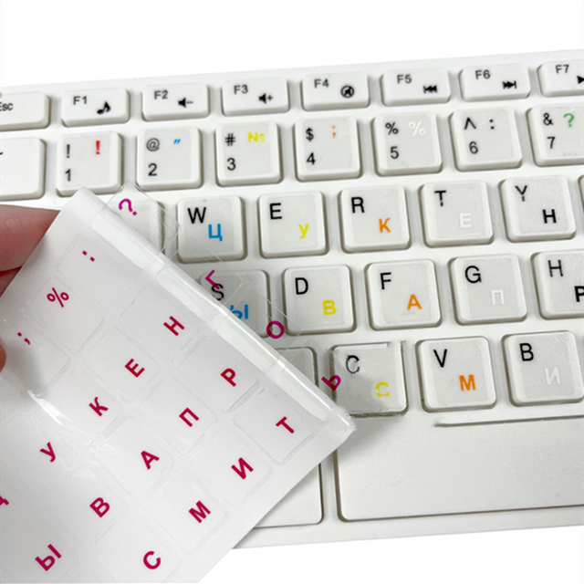 Russian Keyboard Stickers Waterproof Scratch Resistant Permanent Adhesive UV Printed Custom Size Custom Shapes Black White Foil