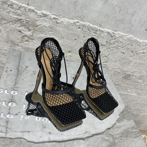 2024 square Head Fashion Lace-up Bag Heel Stiletto Sandals Ankle Strap Summer Mesh High Heels - Product Image 2