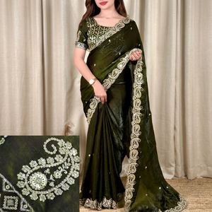Sari en satin Fandy à effet bicolore avec broderies complexes et travail de zari, accompagné d'un chemisier bicolore non cousu - Product Image 1
