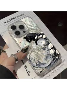 <span class=keywords><strong>Coque</strong></span> de téléphone tendance motif chat <span class=keywords><strong>noir</strong></span> et fleurs pour <span class=keywords><strong>iPhone</strong></span> 17 Air 16 15 14 Pro Max, <span class=keywords><strong>coque</strong></span> arrière en TPU brillant avec plumes et fils - Product Image 3