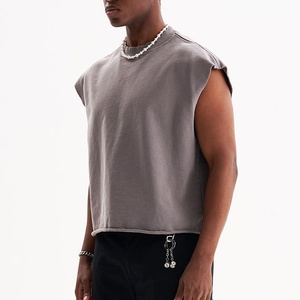 Maglietta senza maniche sportiva con bordo grezzo e stile oversize canottiera corta 100% da palestra in cotone da <span class=keywords><strong>uomo</strong></span> - Product Image 2